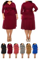 Women's Plus Size Wrap Dress 3/4 Sleeve V-Neck Waist Tie - Image 6