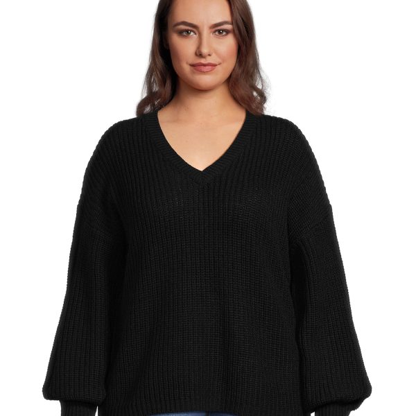 What's Next Women's Plus Size V-Neck Shaker Stitch Pullover